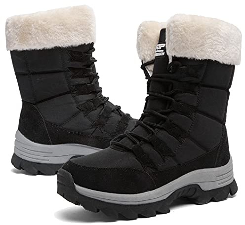 Maxome Snow Boots Womens Winter Boots Fur Lined Waterproof Walking Boots Lightweight Outdoor Ankle Boots Ladies Warm Shoes Anti-Slip Mid Calf Boots Girls Blackwhite