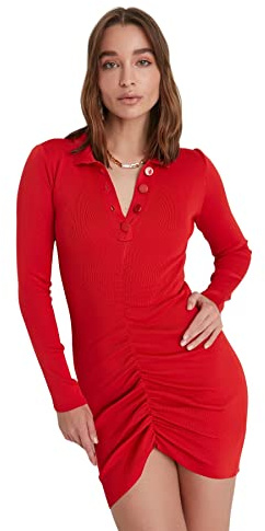 Trendyol Abito Donna Slim Aderente Polo Collo Maglieria Vestito, Rosso, M