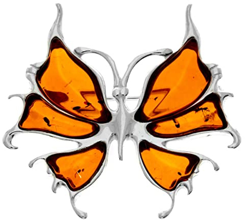 Broche de plata de ley 925 y ámbar báltico auténtico, exclusivo broche de mariposa pequeño AD805S, Plata esterlina, Ámbar