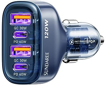 SUNDAREE Accendisigari USB,120W 4 Porte 12V 24V PD QC Tipo C Carica Rapida Caricatore Auto Cellulare Adattatore Caricabatterie per Samsung A56/iPhone 17/Redmi Note 14/iPad/Galaxy Tab/Macbook/Lenovo