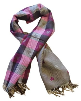 Seaside No.64 - XXL Wendeschal Herzenssache - kuschelig weiches Halstuch mit Herzen und Fransen - in braun & beige kombiniert mit kariertem & gestreiften Muster für Herbst, Winter, Frühling (pink)