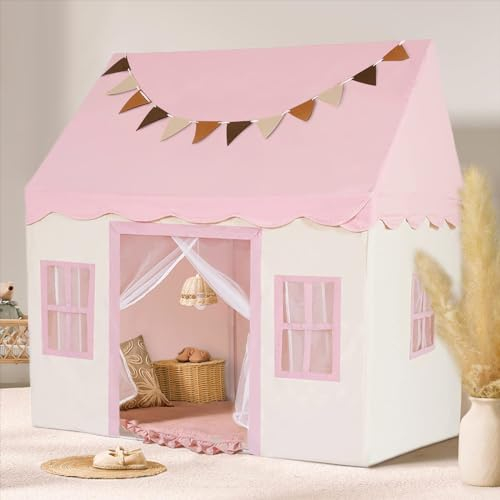Kinderzelt für Drinnen mit Verdickten Krabbelmatte Kugellichtern und Wolkenornamenten,Spielzelt Kinder Indoor Pink und Weiß