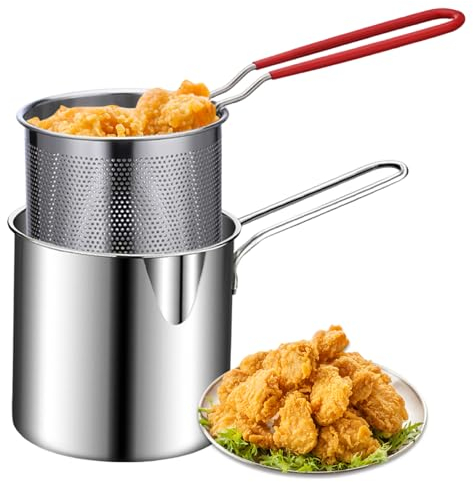 Deep Fryer Pot with Basket 2Pcs 1.2L Handled Stainless Steel Chip Pan Mirror Polished Brushed Frying Pots for French Fries Fish Chicken Wing, Fry Pot, Fryer Accessories