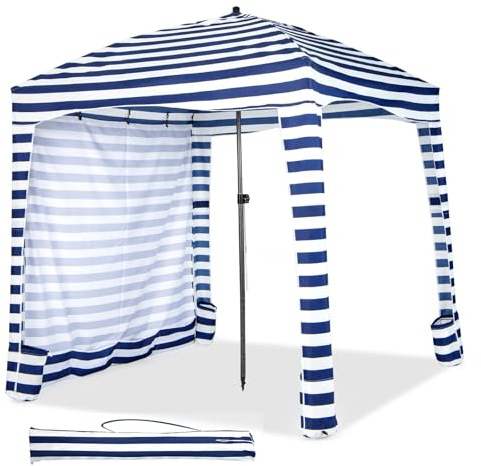 COSTWAY Sombrilla Playa Grande con Pared Lateral Desmontable, 183 X 183 CM, Altura Ajustable 3 Niveles, Parasol Jardin con Bolsa De Transporte, 8 Sacos De Arena, Protección Solar Exterior (Azul)