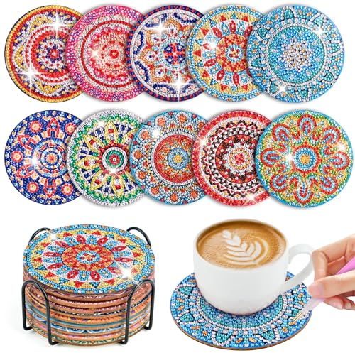 10 STK Diamond Painting Untersetzer Mit Halter, Diamant Tassenuntersetzer, Diamond Painting Erwachsene zum Basteln, DIY 5D Mandala Untersetzer rutschfest für Anfänger, Erwachsene & Kinder