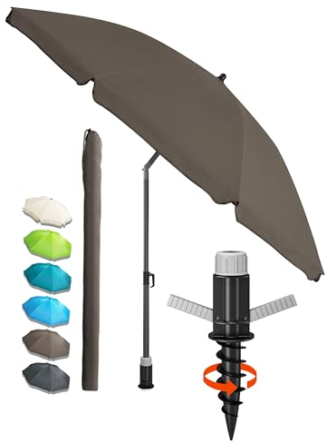 4smile Sunnyjoy Sonnenschirm Strand 3-IN-1 Set - Strandschirm windfest stabil, UPF 50+ Sonnenschirm Strand - Robuster Strandschirm mit Bodenhülse & Schutzhülle, Ø 180 cm, Fb. Taupe