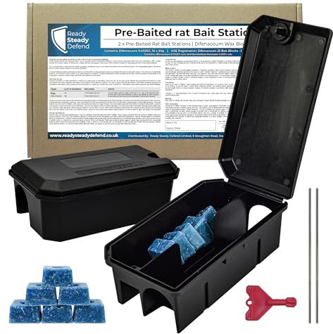 Pre Baited Rat Boxes - 2 Pack - Effective Rat Traps, Ideal Rat Trap For Indoors, Difenacoum 0.0025%, 10 x 20g, Ready to Use - Professional Rat Poisoning Indoors & Outdoors