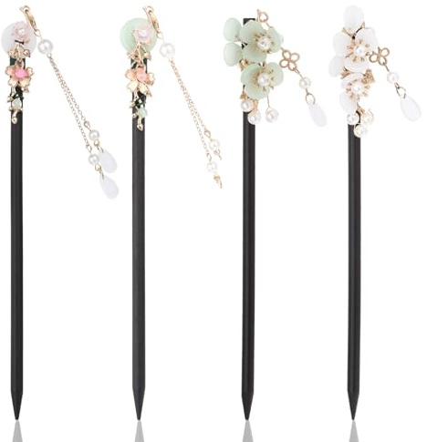 Molain Lot de 4 baguettes à cheveux chinoises vintage chinoises avec fleurs et pompons en bois - Baguettes à cheveux pour femmes et filles