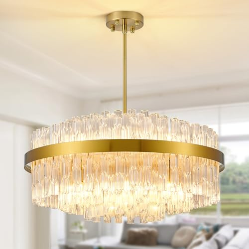 KUNYEEE Lámparas de araña de cristal dorado, lámparas de techo empotradas, lámparas de araña redondas, lámparas colgantes para salón, isla de cocina, mesa de comedor, pasillo, G9 x 12 luces, 60 cm
