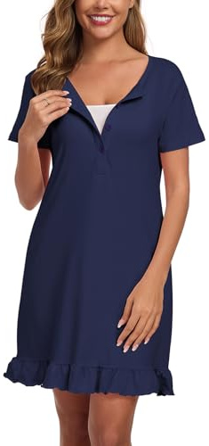 Beuwltpa Women's Nighties Button Up Maternity Nightdress Nightshirts Short Sleeve Ladies Nightwear Ruffle Hem Soft Nursing Nightgown Blue