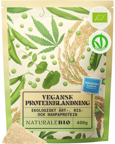 NaturaleBio Veganskt Proteinpulver 450g, Växtbaserat Pulver av Ärta | Ris och Hampa, Ekologiskt, Fritt från Mjölk, Soja och Gluten, Komplett Aminosyraprofil, Muskeltillväxt och Återhämtning