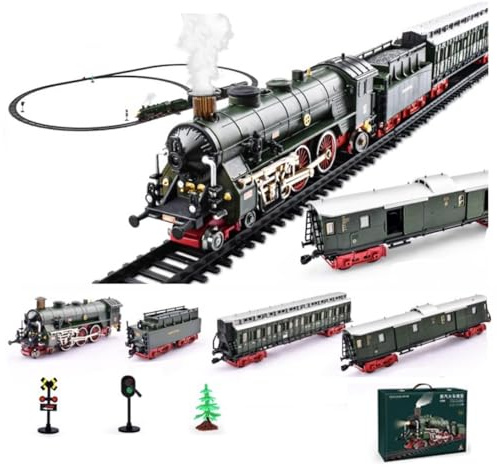 BrightBud Bloques de construcción de locomotora de vapor retro, tren eléctrico con luz, sonido y gran juego de carriles, modelo de tren de vapor, juguete de vapor, set de locomotora para adultos
