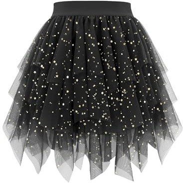 tagunop Women's Tulle Skirts High Low Layered Puffy Fairy Skirt Mini Party Costume Irregular Adults Tutus Black Sequin L