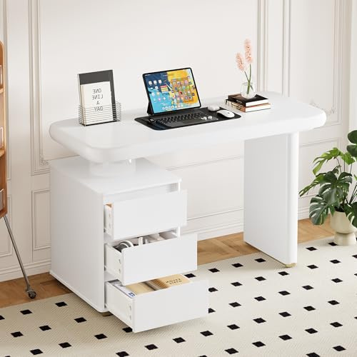 Rosebibi Escritorio moderno 117 × 50 × 74 cm – color blanco, forma de nube, 3 cajones, mesa y patas engrosadas, curvas redondeadas, estable, completamente lacado (blanco-1)