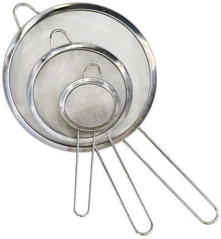 GEEZY Fine Mesh Sieve Set of 3 (8, 14, 20cm) - Stainless Steel Strainers & Colanders for Kitchen, Nesting with Hanging Hook, Dishwasher Safe - Baking, Cooking, Tea, Flour, Rice, Pasta, Vegetables