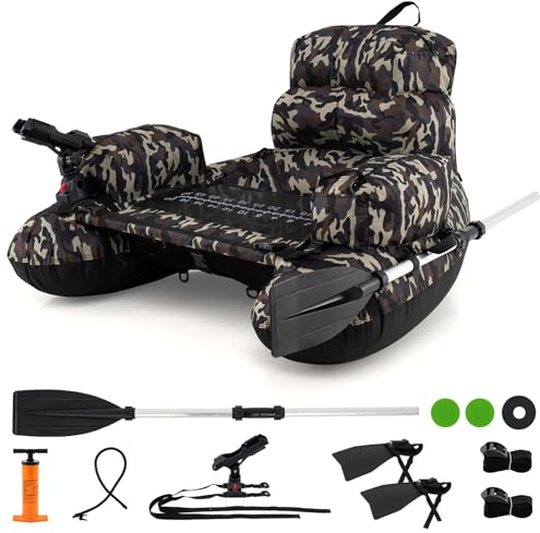 GOPLUS Float Tube 1 Place avec Support de Canne, Bateau de Pêche Gonflable Dossier, Sangles Réglables,Portable avec Pagaie en Alu.,Pompe, Flotteur avec Poches Rangement