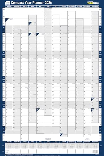 Sasco 2026 Compact Wall Planner – Portrait Poster Style Year Calendar with Wet Wipe Pen & Stickers, 40.5x61cm, Blue – 2026 Calendar UK & ROI Holidays Marked – Convenient for Home or Study Areas