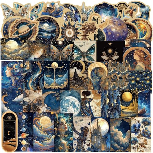 50Pcs Vintage Astronomy Stickers, Space Moon Planets Galaxy Stickers, Vinyl Waterproof Retro Celestial Decals for Laptops Water Bottles Skateboard Books, Teens and Adults (Universe)