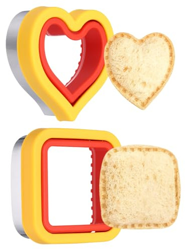 sourcing map 2 Pcs Sandwich Cutter and Sealer, Cute Cookie Cutters, Sandwich Maker Bread Decruster Lunch Accessories Heart Square Shape for Lunchbox DIY Cookie Lunch Bento Gift, Red/Yellow