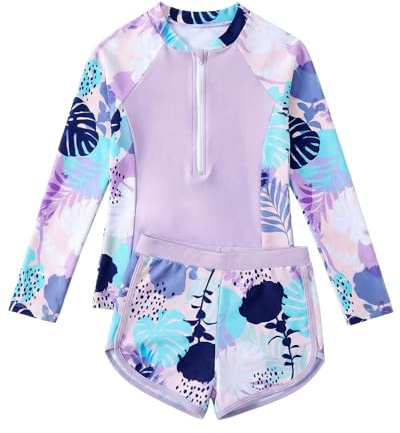 WYTbaby Girls Swimming Costume Long Sleeve Girls Swimsuit Two Piece Rash Guard Bathing Suit for Girls 10-11 Years