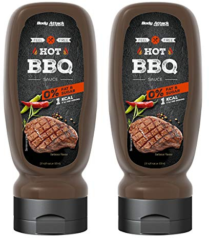 Body Attack Grill Sauce Hot BBQ 2x 320ml / 2x 32 Portionen - Made in Germany - vegane kalorienarme Sauce, perfekt für Grillgut, wenig Fett & Zucker, laktosefrei, ideal zum Kochen, für Diätphasen