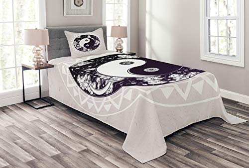 ABAKUHAUS Mystiker Tagesdecke Set, Ying und Yang-Symbol Boho Kunst, Set mit Kissenbezug Maschienenwaschbar, für Einzelbetten 170 x 220 cm, Weiß Beige Schwarz