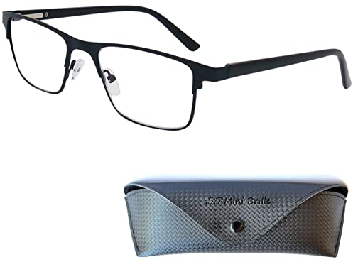 Metall Anti Blaulicht Brille Lesebrille mit rechteckigen Gläsern, Gratis Etui, Edelstahl Rahmen (Schwarz), Eckige Blaulichtfilter Brille Herren und Damen +2.0 Dioptrien