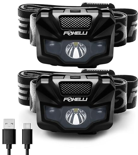 Foxelli,Torcia frontale ricaricabile tramite USB, 180 lumen, fino a 40 ore di luce costante con una singola carica, LED bianco brillante e luce rossa, leggera e confortevole, confezione da 2