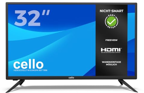 Cello TV 32 Pollici LED HD Ready – Triplo Sintonizzatore DVB-T2/S2/C, Registrazione USB, 3 HDMI, Non Smart TV, Design Compatto