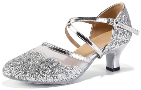 HROYL Closed Toe Ballroom Dance Shoes Women Ankle Strap Sequin Latin Salsa Tango Wedding Dance Shoes,YCL267