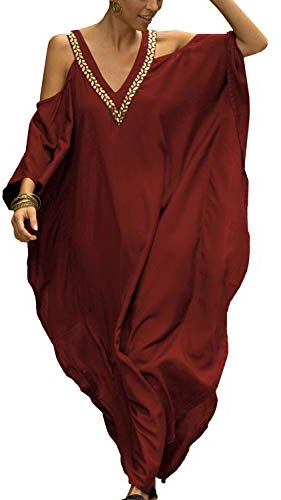 YouKD Verano Bordado Floral Largo Kaftan Bohemio Loungewear Vestido sin Hombros para Mujer