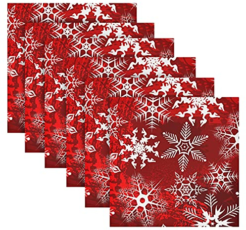 Weihnachtsservietten, Polyester Stoffservietten, waschbar, wiederverwendbar, Motiv Schneeflocken, Rot, 6 Stück