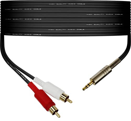 1STec 25m 3.5mm or 1/8 Jack Plug to 2 x RCA Male Phono connectors Cable connects Headphone Output on Audio Devices to a HiFi Amplifier Auxiliary/AUX Input on an Amp (25 Metre)