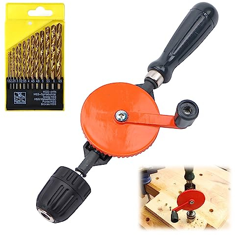 Mini Taladro Manual, 3/8 (1.5-10 mm) Pulgadas Taladro Manual, 45 Acero Barrena Madera, con 13 Brocas, Doble Pinión Mini Taladro para Madera, PVC, Plastico (1)
