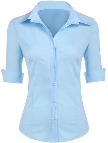 Zeagoo Camisa de mujer Slim Fit, camisa de algodón, manga corta, para oficina, mangas 3/4, tops, con cuello en V, camisa básica con botones, XS-XXL, XXL