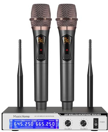 FOLTUSYMY Micrófonos Inalámbricos, Sistema de Micrófono de Mano Inalámbrico Dual UHF, Calidad de Sonido HD, Micrófono Dinámico para Cantar Karaoke, Altavoz, Conferencias, Boda, Iglesia, 240 pies