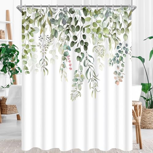 Lerores Tenda da Doccia 180x170cm, Foglie Verdi Antischimmel, Tessuto con Fondo Pesante, Impermeabile, Lavabile, in Poliestere, Tende da Bagno con Occhielli e 12 Anelli per Doccia per Bagno, Vasca da
