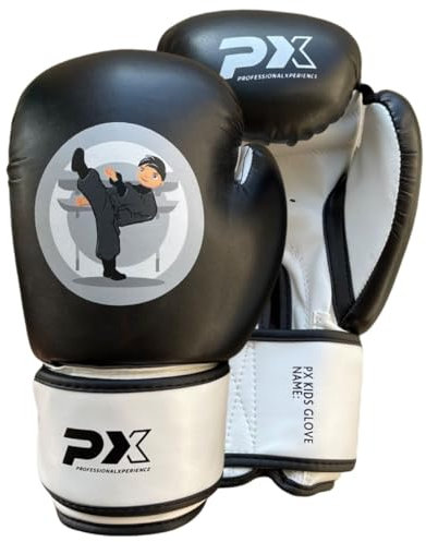 PX Kids Glove Boys Boxhandschuhe schwarz-weiß 4 Oz - Gepolsterte Trainingshandschuhe - Fitness, Sparring und Wettkampf - Ergonomisch - Unisex, Kinder