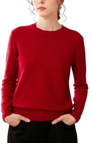 DISSA Pull Cachemire Femme Rouge Col Rond Solide Couleur Tricoté en Vrac Manches Longues Fin Pull en Cachemire et Laine,EU 38,SPR2449