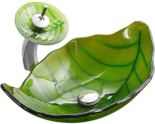 PRMTYUP Lavabo de Vidrio Templado, Lavabo artístico de Vidrio Templado para encimera, Lavabo de Mano con Forma de Hoja para encimera, con Grifo en Cascada,B