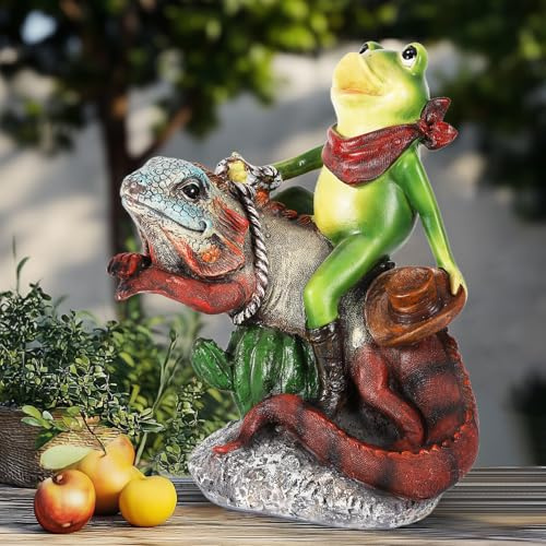 Kinberry Cowboy Frog Statue - Outdoor Creative Resin Frog Riding Lizard Garden Decoration for Patio, Balcony, Yard - Mum Birthday Gifts for Women