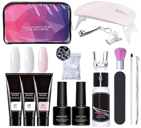 Kit de gel de uñas de poli, Kit de gel de uñas de constructor - Gel de uñas de extensión de 3 colores con solución de deslizamiento y lámpara | Suministros de manicura profesional para principiantes