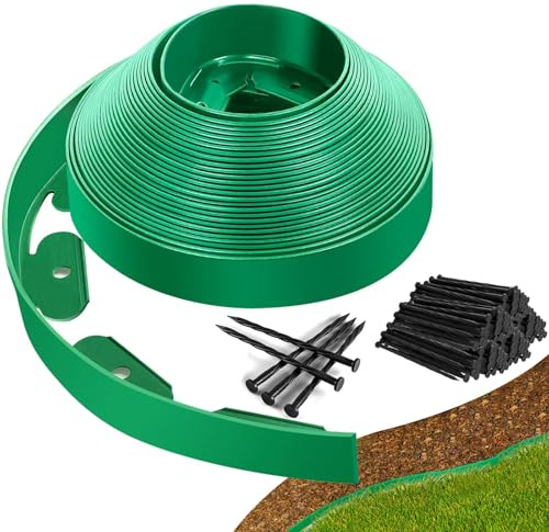 6 cm hög x 10 m landskapskantning med 30 förankringsspikar, kit för trädgårdskant, flexibel kantkant, för trädgårdsblomsterbäddar, gräsmatta, gård, gatväg (grön, 10 M)