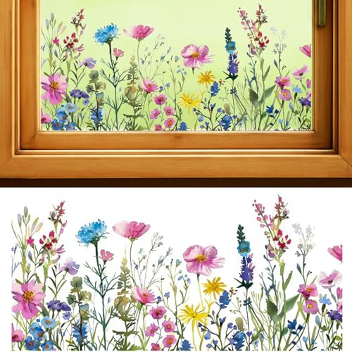 Window Stickers Static Cling Window Film, Stain Glass Summer Window Film Self Adhesive for Glass Wall Frosted Bird Anti-Collision, Vivid Flowers Removable Residue-Free No Glue Double-Side, JD3602