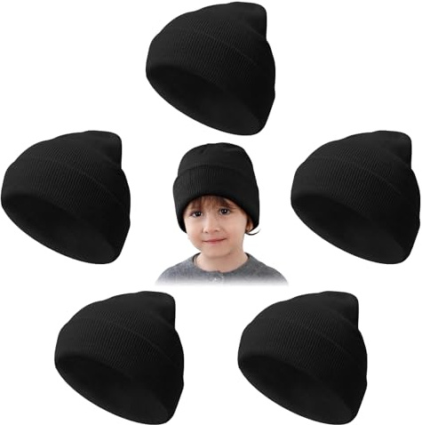 Mayoii 5PCS Kinder Beanie Dünne Strickmütze für Winter Frühling, Bunten Farben Perfekt für Alltag, Outdoor und Schule 2-10 Jahre (DE/NL/SE/PL, Alphanumerisch, Einheitsgröße, Schwarz*5)