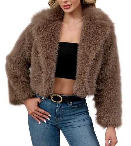 Giacca di pelliccia corta da donna, in pelliccia sintetica, calda e spessa, alla moda, morbida, invernale, con risvolto aperto, in pelliccia sintetica, marrone, L