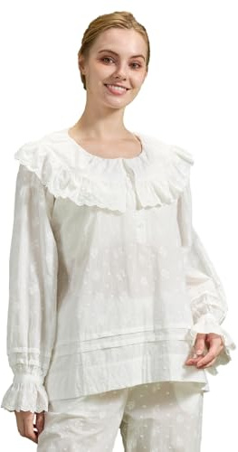 BEAUTELICATE Blusa Mujer Vintage con Bordada 100% Algodón Manga Larga con Cuello Volantes y Botones Blusa de Casa Holgada y Cómoda