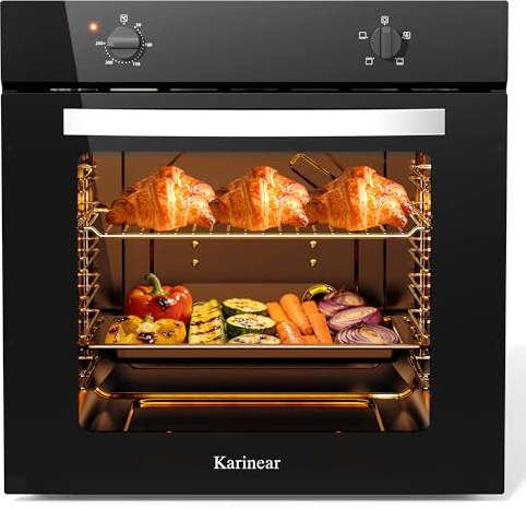 Karinear Backofen Einbaugerät 60cm, 65L einbaubackofen Knopfsteuerung 4 Funktionen, 2000W Backofen 230v für steckdose, 60 cm breit Schwarz