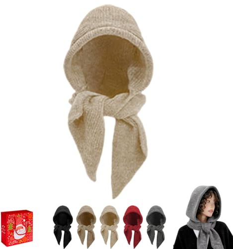 Berretto lavorato a maglia impreziosito, 2 in 1 da donna, invernale, lavorato a maglia, sciarpa con cappuccio, versatile passamontagna pullover lungo scialle avvolgente, Beige, Taglia unica