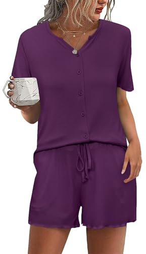 Demegimi Women's Pyjama Set Summer Short Sleeve Button Down Nightwear - Soft V-Neck Sleepwear Loungewear Set with Drawstring Shorts